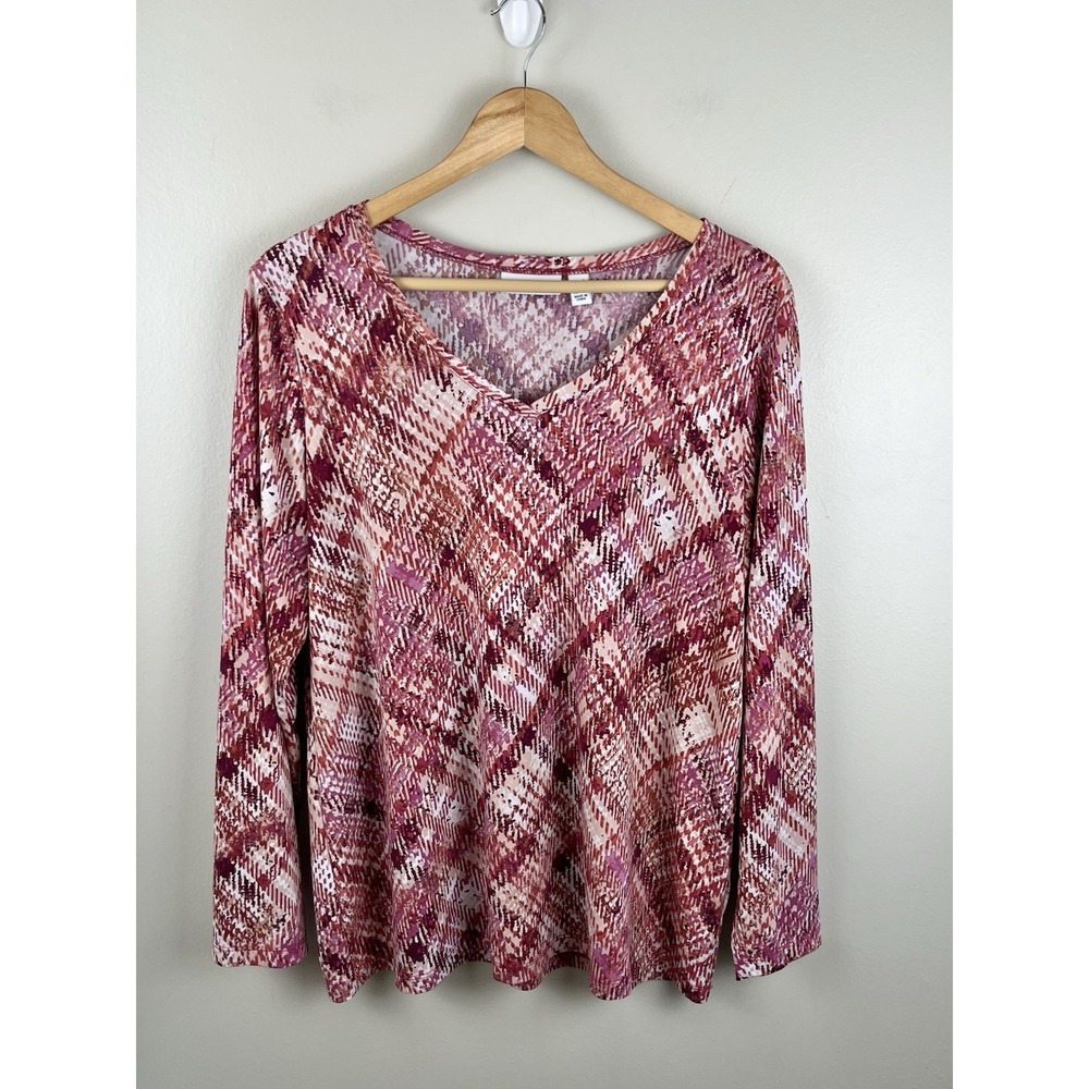 Susan Graver Stretch Liquid Knit Print Long Sleeve Top Office Casual Sz Lg